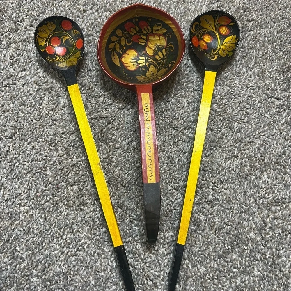 vintage painted lacquered spoons Russian Khokhloma ladle large spoon lot